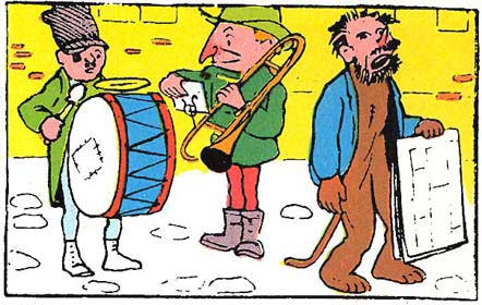 Filochard joue de la grosse caisse, Croquignol du trombone tandis que Ribouldingue présente des grandes feuilles en criant.