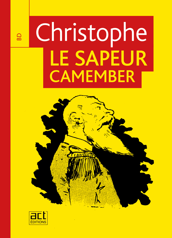La tête du Sapeur camember, noir sur fond jaune, de profil, sa barbe pointant.