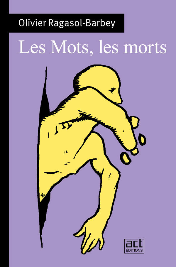 une forme humaine jaune sur fond violet s'extrait d'une fente et semble se décomposer en même temps.